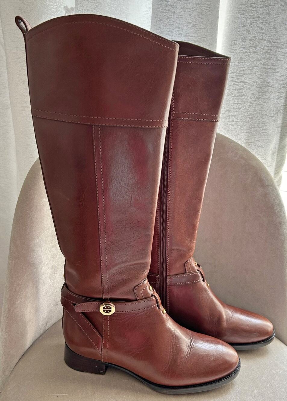 Tory Burch Brita Brown Leather Riding Boots 22138519, Side Zip, Size 6.5M